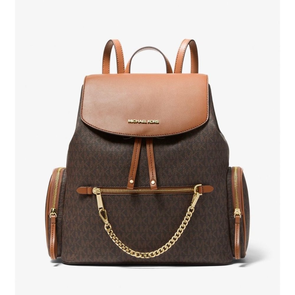 Michael Kors Backpack Jet Set MK Logo Large Chain Backpack Brown - Picture 8 of 11